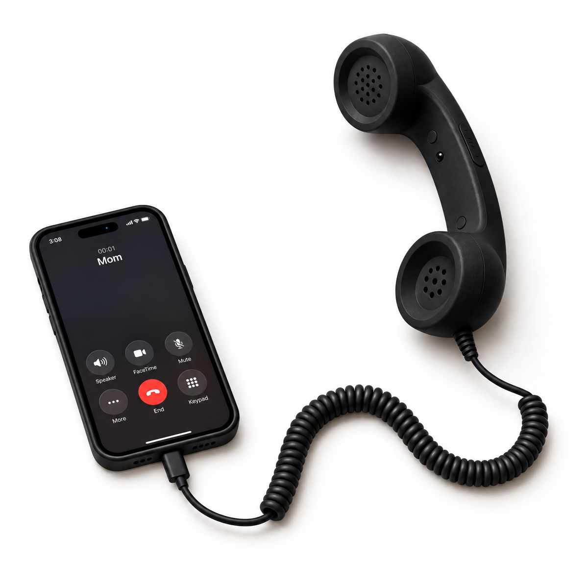 Black Cordette retro handset with curly cord plugged into a smartphone. Smartphone not included.