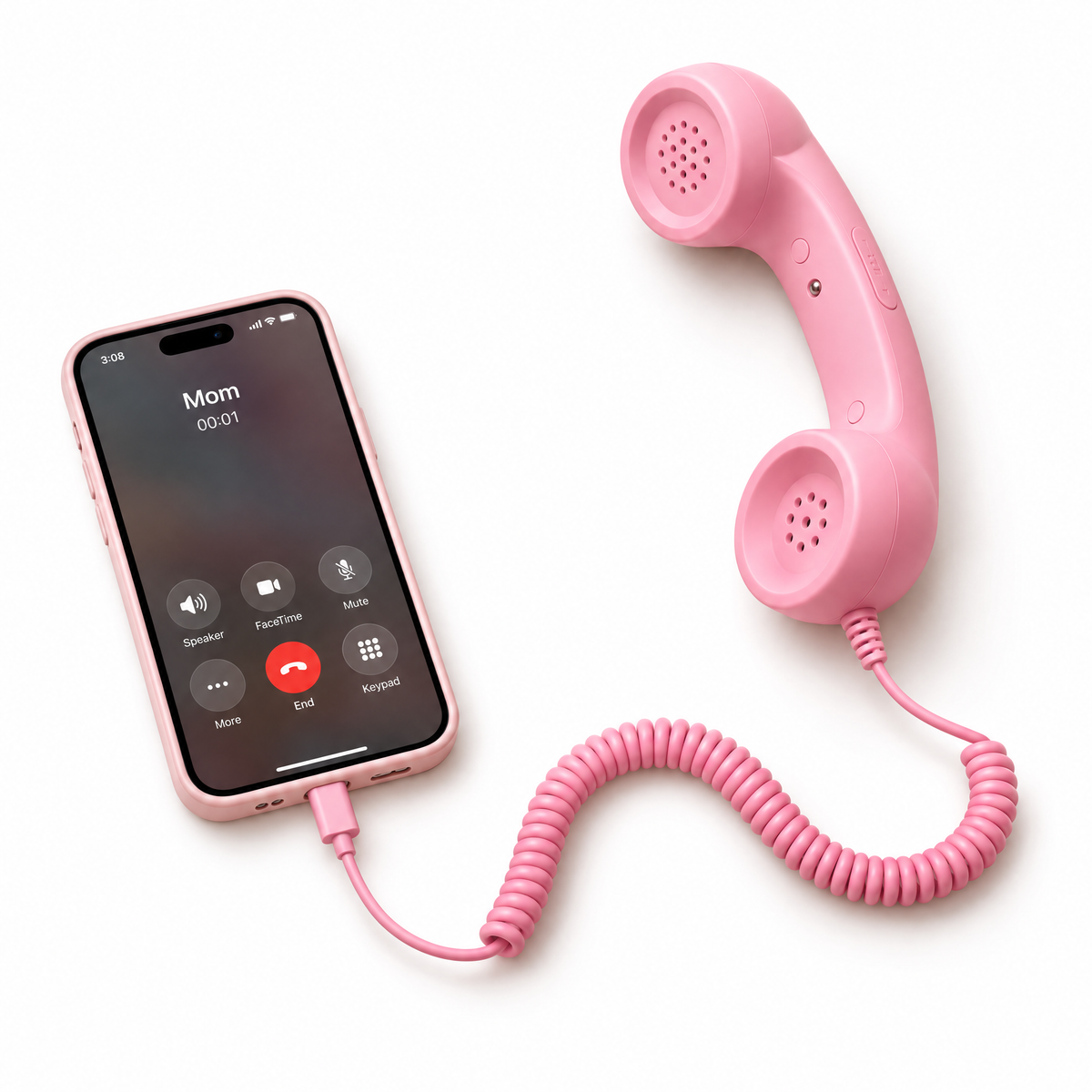 Blush pink Cordette retro handset with curly cord plugged into a smartphone. Smartphone not included.