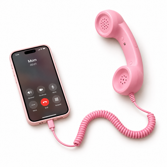 Blush pink Cordette retro handset with curly cord plugged into a smartphone. Smartphone not included.