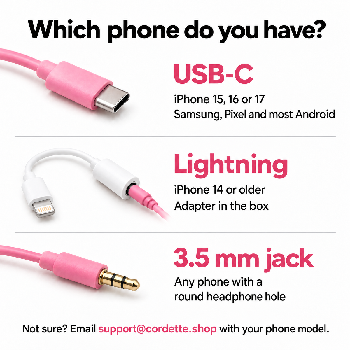 Cordette connector guide showing USB-C, Lightning with adapter, and 3.5mm options.