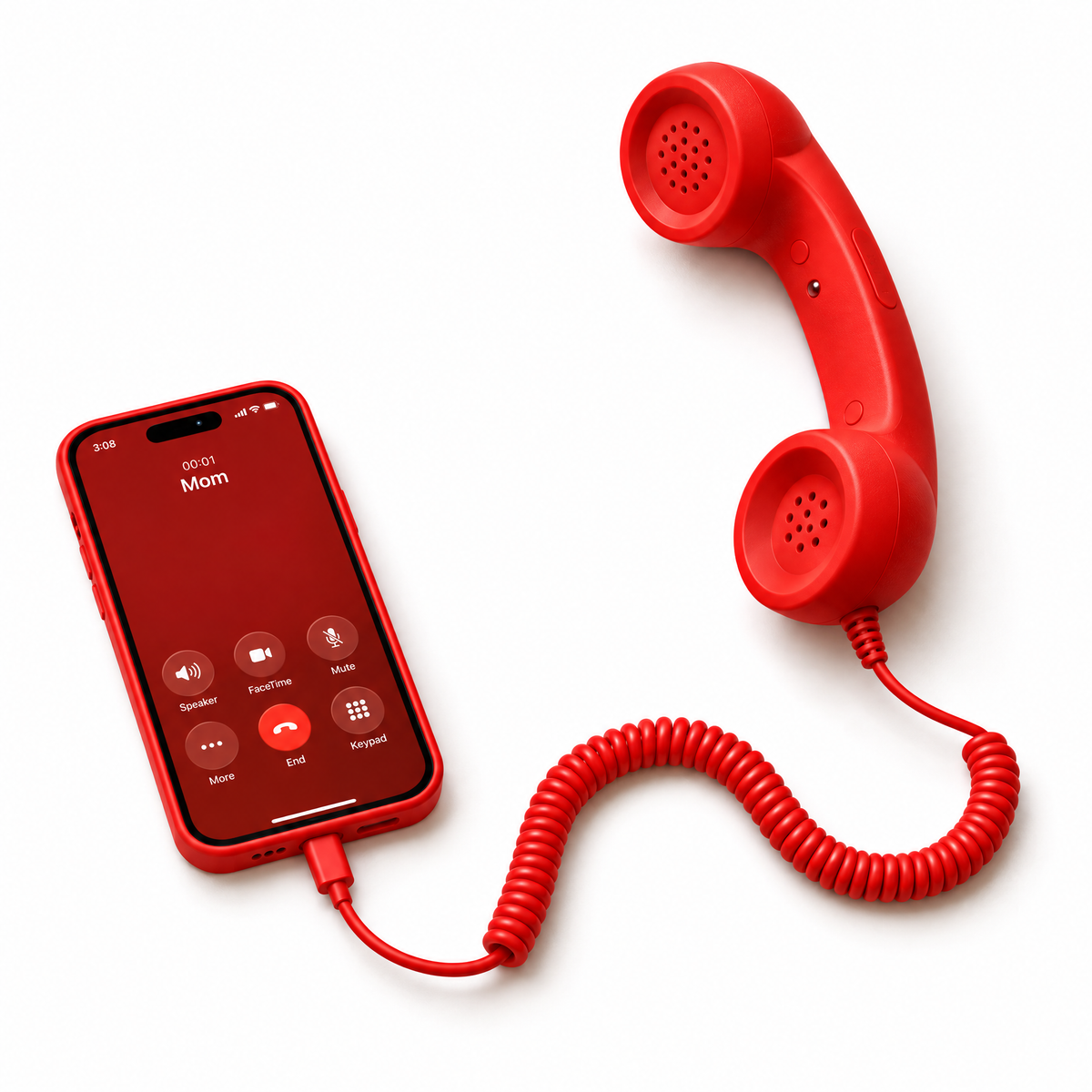 Red Cordette retro handset with curly cord plugged into a smartphone. Smartphone not included.